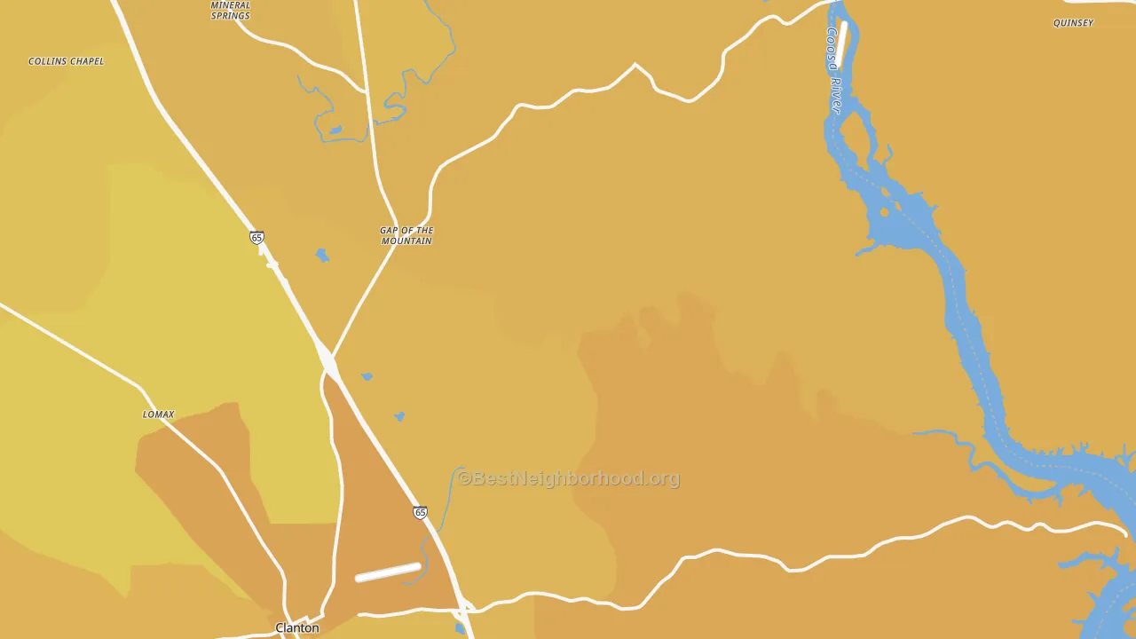 Map of the best neighborhoods in the 35046 area, with better matches in green and worse matches in red