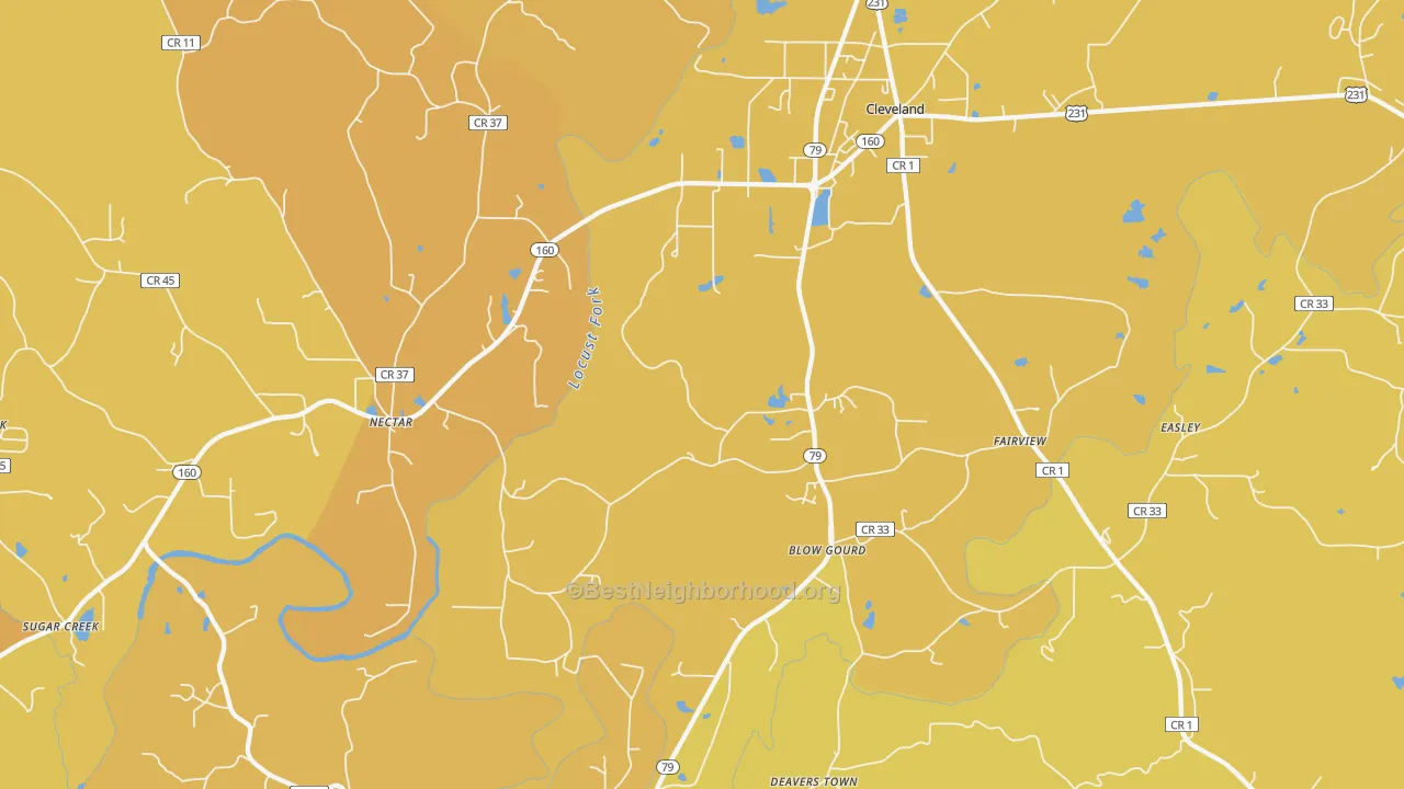 Map of the best neighborhoods in the 35049 area, with better matches in green and worse matches in red