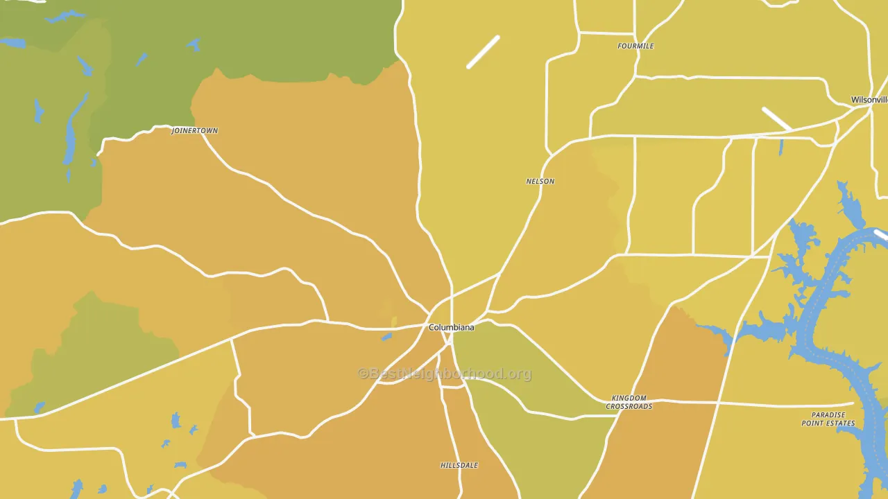 Map of the best neighborhoods in the 35051 area, with better matches in green and worse matches in red