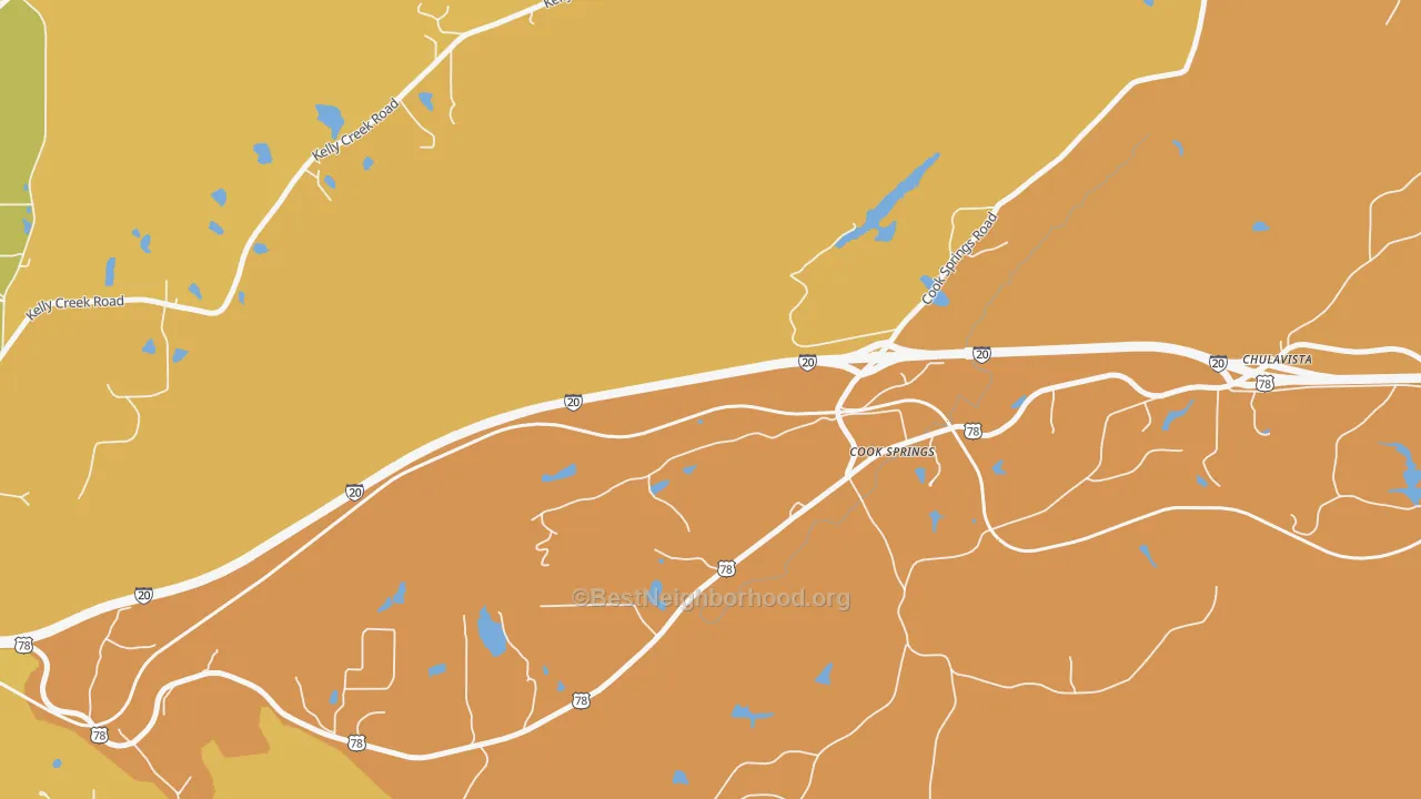 Map of the best neighborhoods in the 35052 area, with better matches in green and worse matches in red