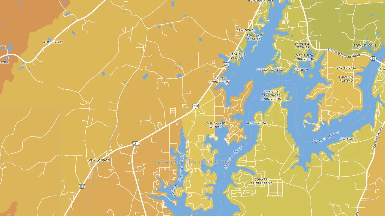 Map of the best neighborhoods in the 35054 area, with better matches in green and worse matches in red