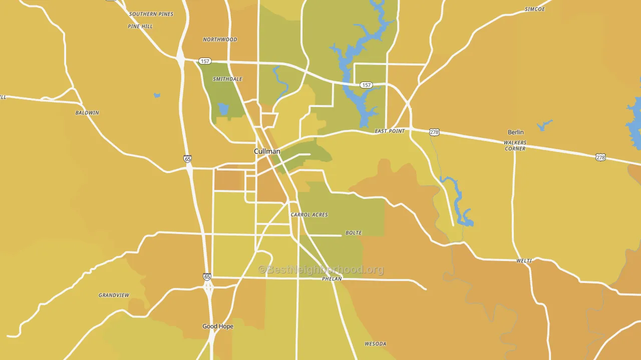 Map of the best neighborhoods in the 35055 area, with better matches in green and worse matches in red