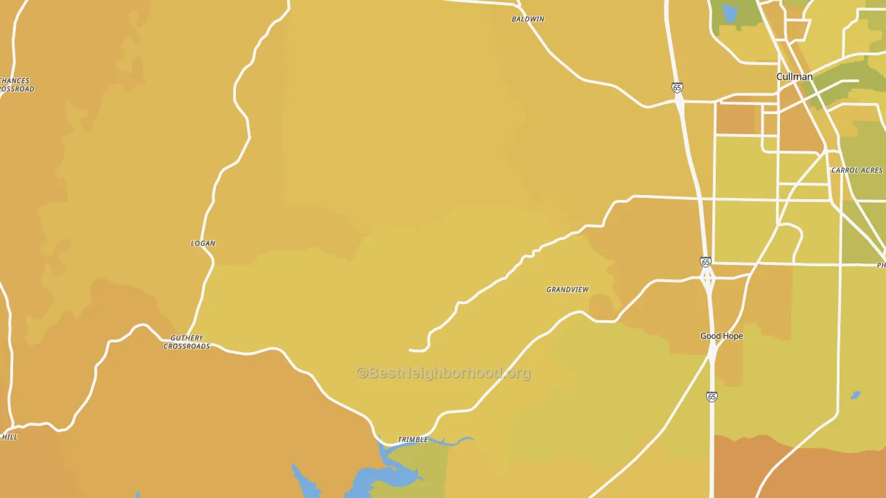 Map of the best neighborhoods in the 35057 area, with better matches in green and worse matches in red
