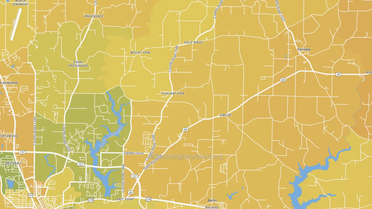 Map of the best neighborhoods in the 35058 area, with better matches in green and worse matches in red
