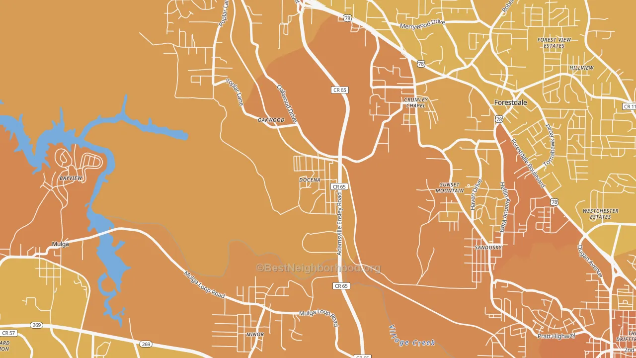 Map of the best neighborhoods in the 35060 area, with better matches in green and worse matches in red