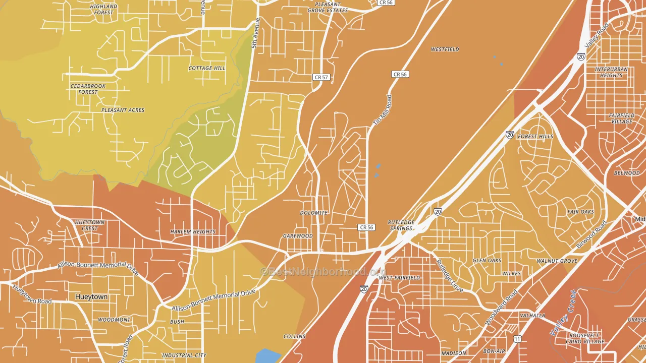 Map of the best neighborhoods in the 35061 area, with better matches in green and worse matches in red
