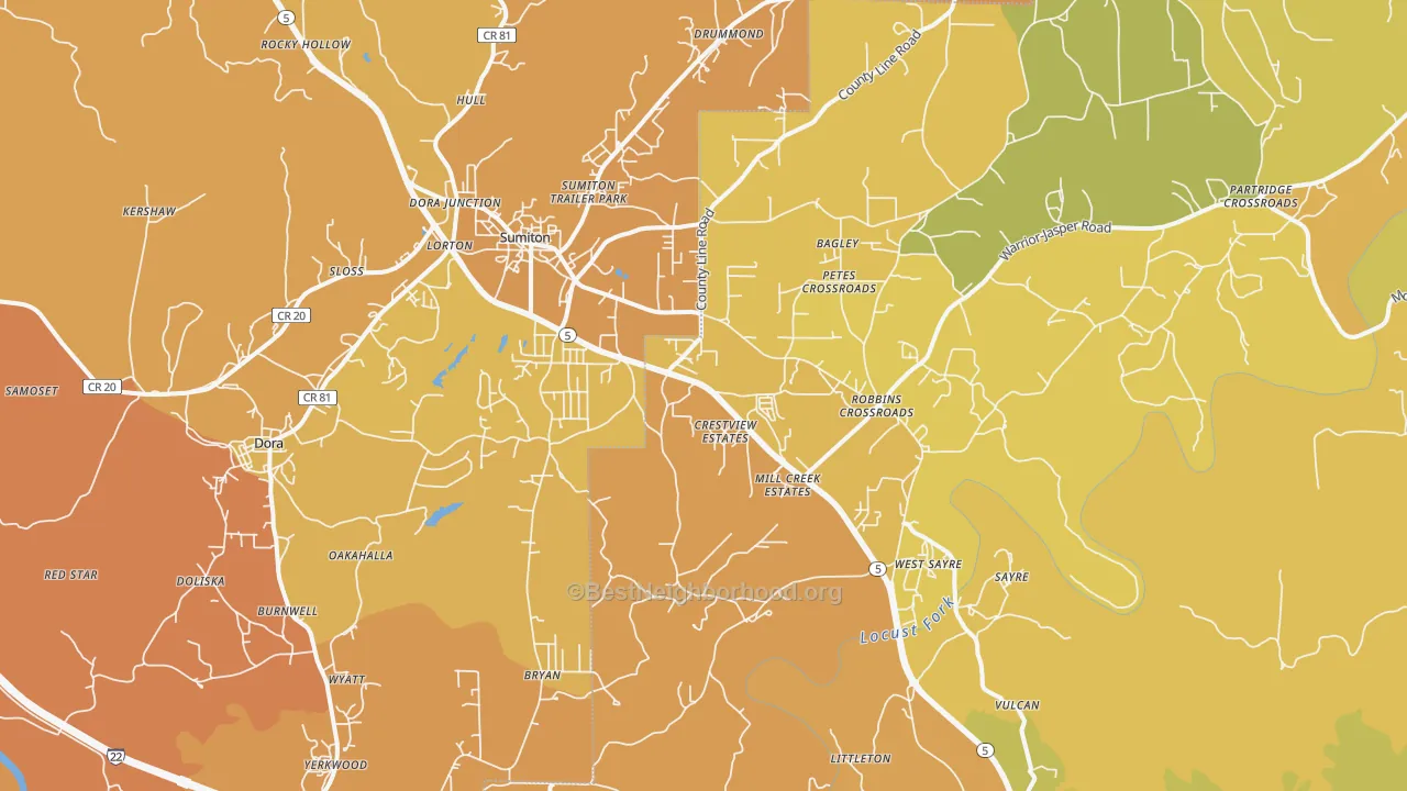 Map of the best neighborhoods in the 35062 area, with better matches in green and worse matches in red
