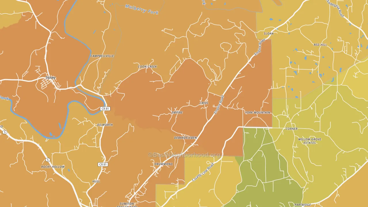 Map of the best neighborhoods in the 35063 area, with better matches in green and worse matches in red