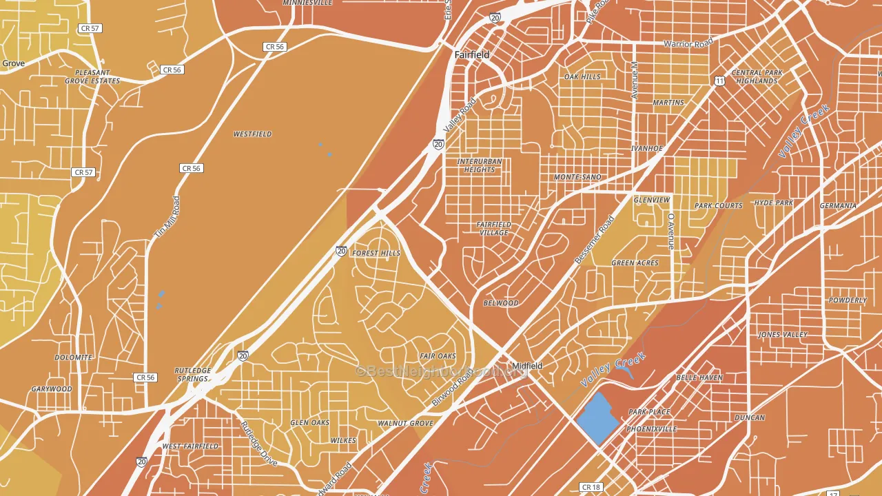 Map of the best neighborhoods in the 35064 area, with better matches in green and worse matches in red