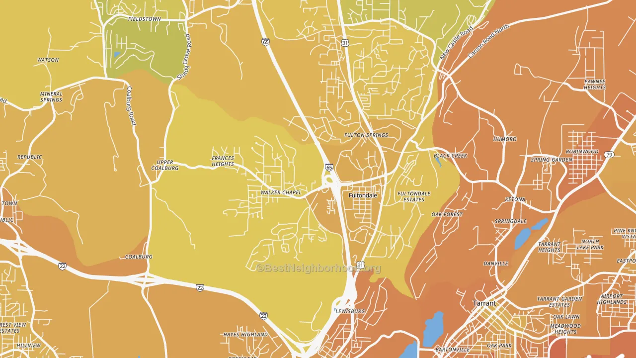 Map of the best neighborhoods in the 35068 area, with better matches in green and worse matches in red