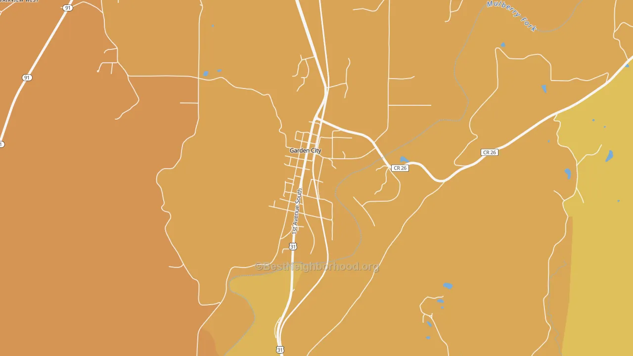 Map of the best neighborhoods in the 35070 area, with better matches in green and worse matches in red