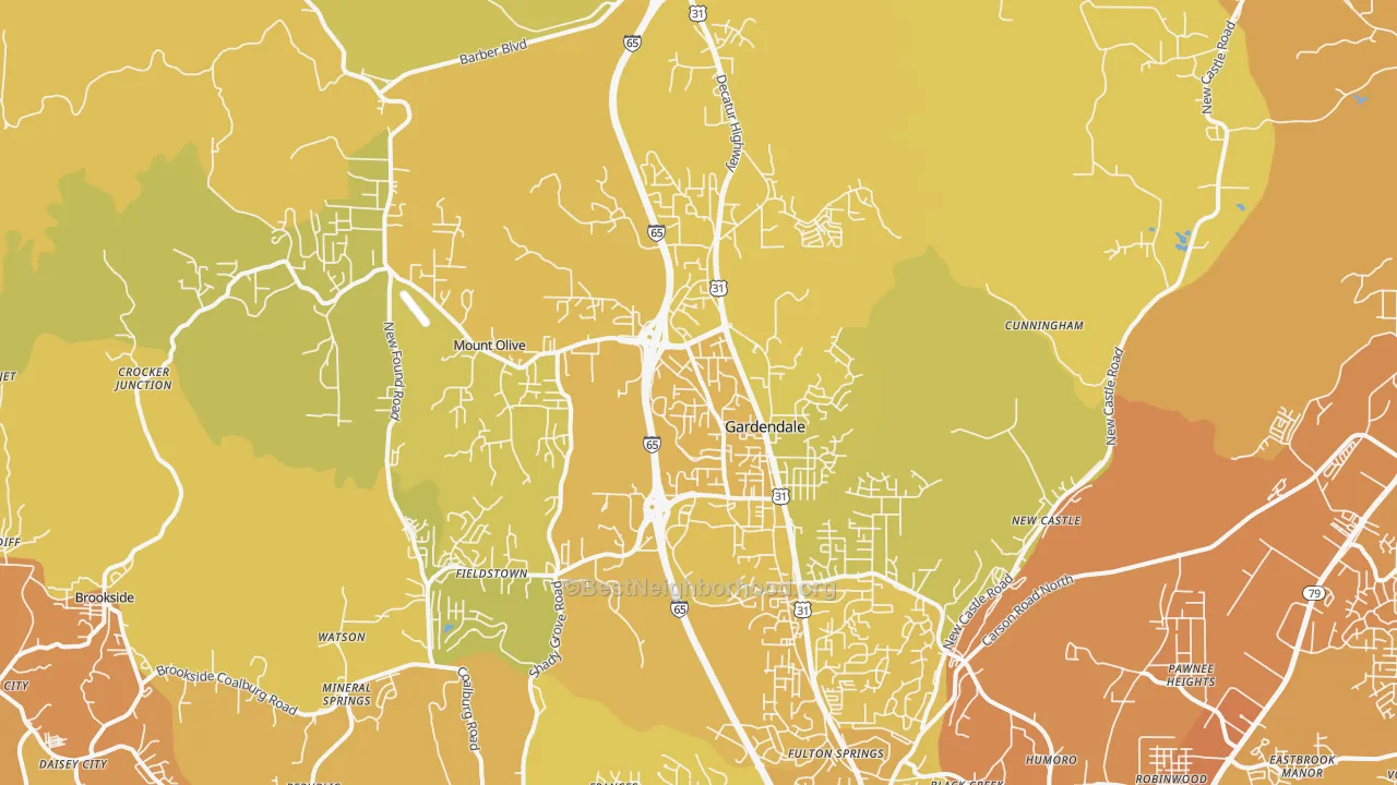 Map of the best neighborhoods in the 35071 area, with better matches in green and worse matches in red