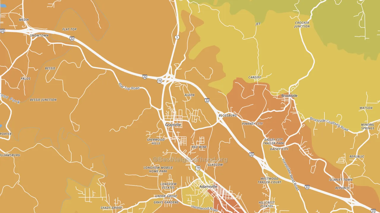 Map of the best neighborhoods in the 35073 area, with better matches in green and worse matches in red