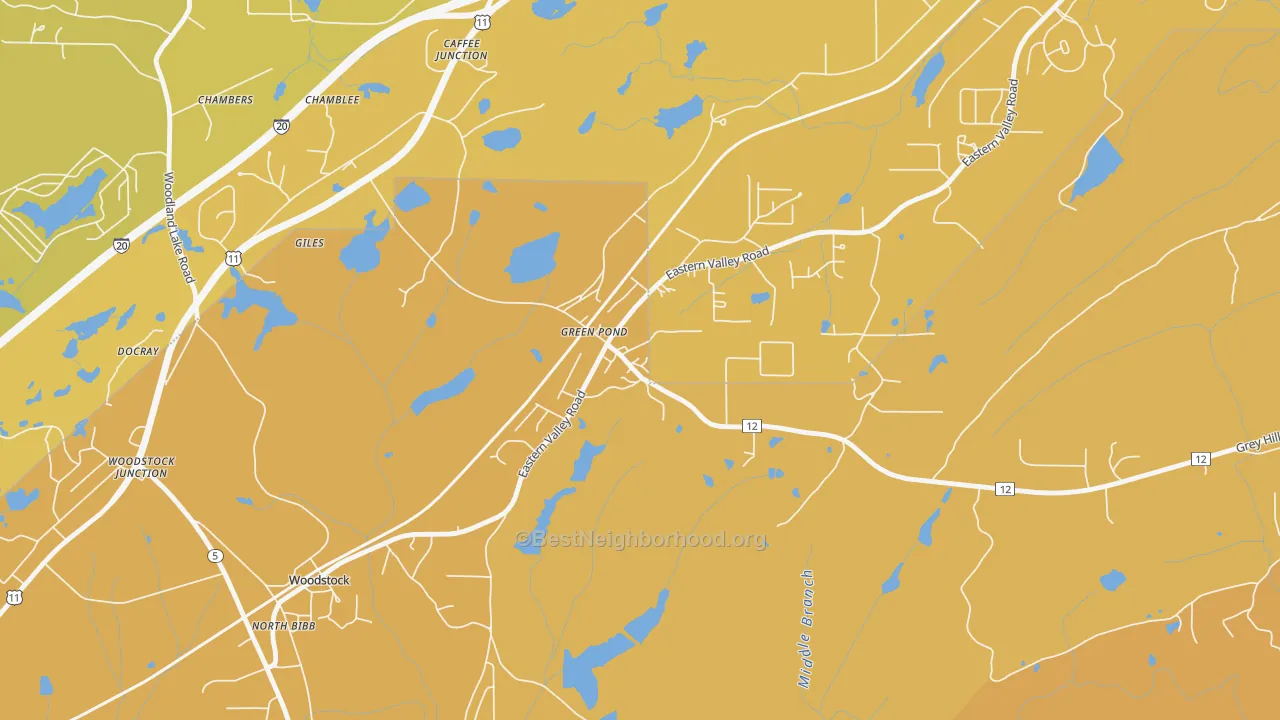Map of the best neighborhoods in the 35074 area, with better matches in green and worse matches in red