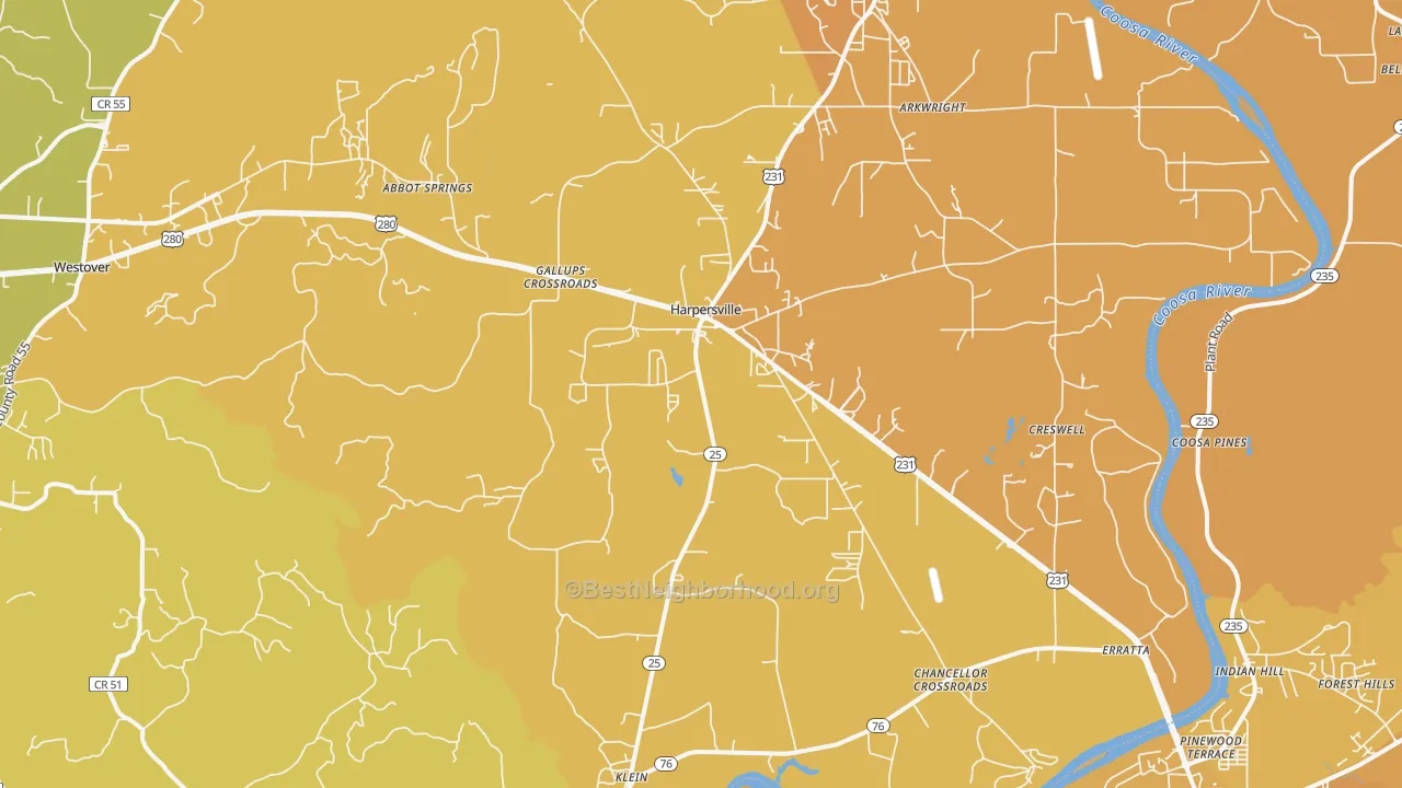 Map of the best neighborhoods in the 35078 area, with better matches in green and worse matches in red