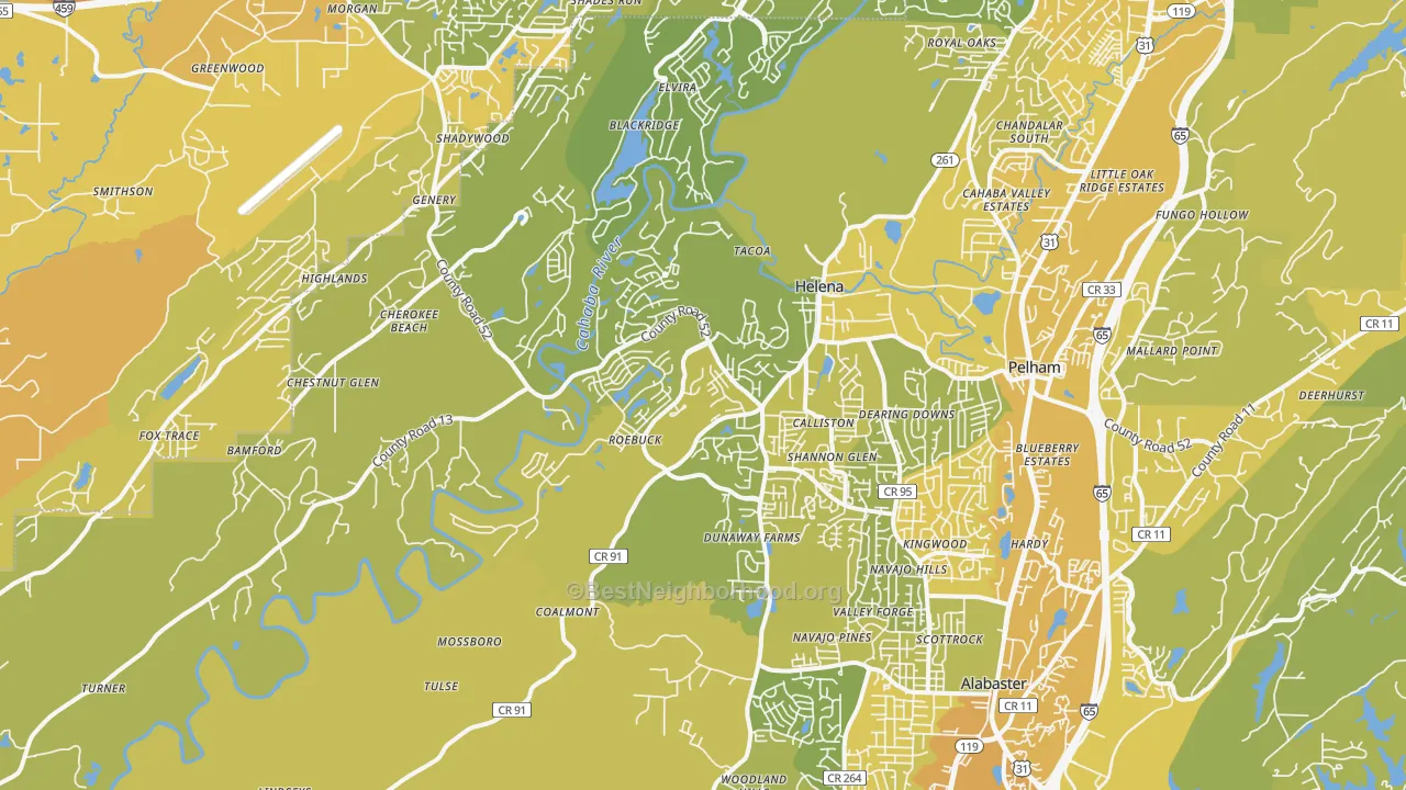 Map of the best neighborhoods in the 35080 area, with better matches in green and worse matches in red