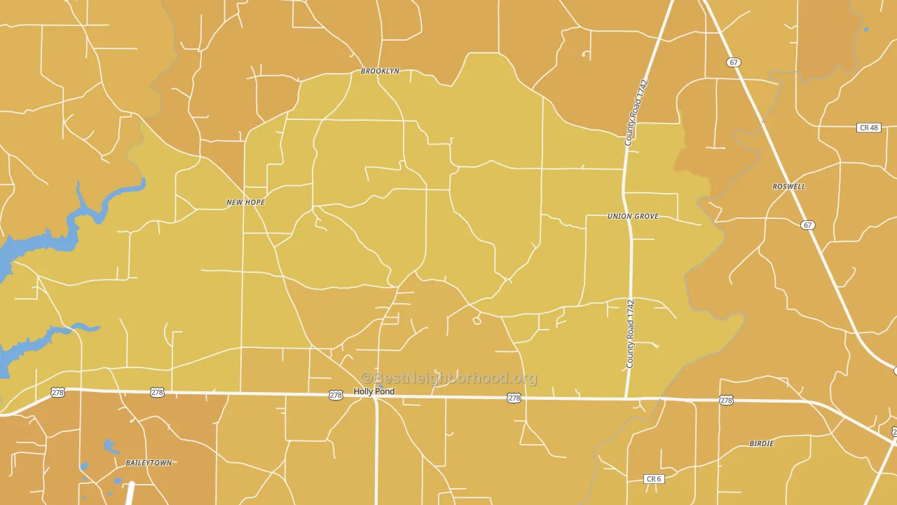 Map of the best neighborhoods in the 35083 area, with better matches in green and worse matches in red