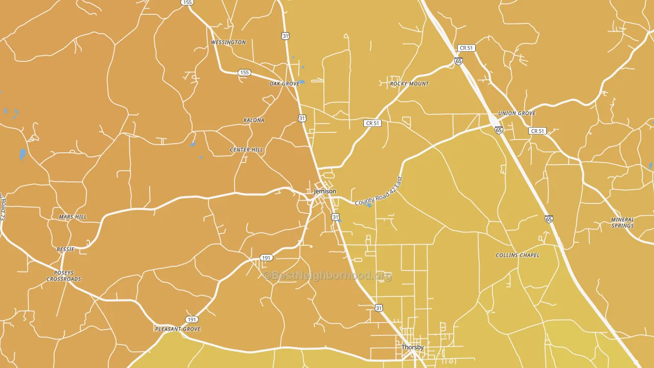 Map of the best neighborhoods in the 35085 area, with better matches in green and worse matches in red
