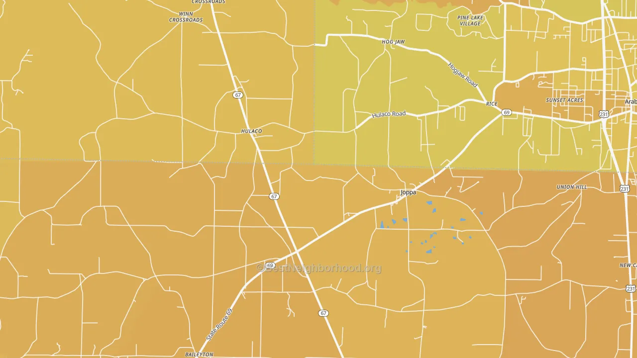 Map of the best neighborhoods in the 35087 area, with better matches in green and worse matches in red