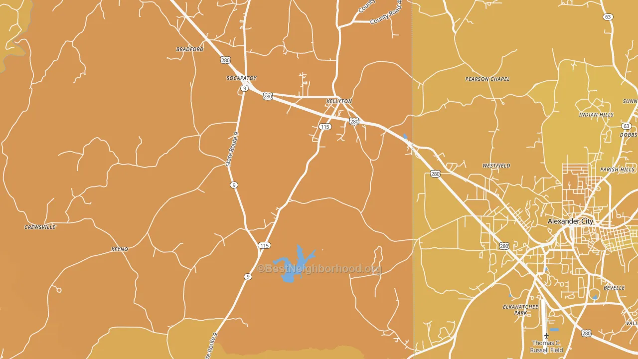 Map of the best neighborhoods in the 35089 area, with better matches in green and worse matches in red