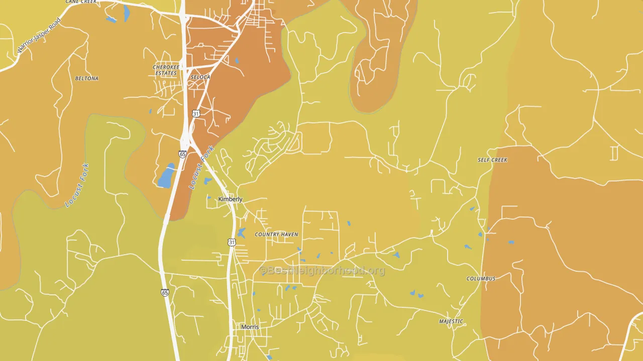Map of the best neighborhoods in the 35091 area, with better matches in green and worse matches in red