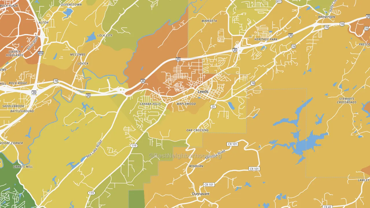 Map of the best neighborhoods in the 35094 area, with better matches in green and worse matches in red