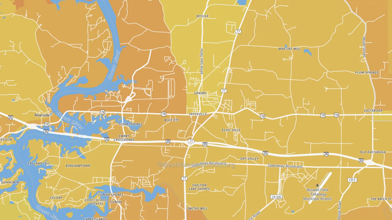 Map of the best neighborhoods in the 35096 area, with better matches in green and worse matches in red