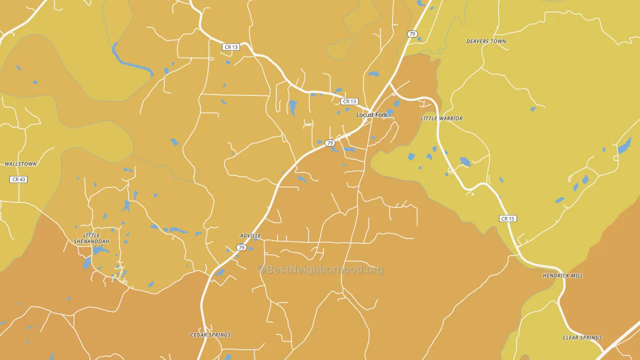Map of the best neighborhoods in the 35097 area, with better matches in green and worse matches in red