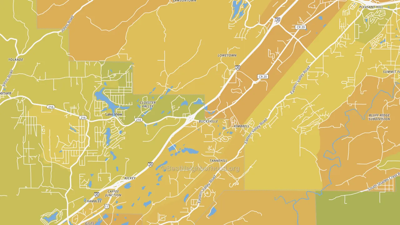 Map of the best neighborhoods in the 35111 area, with better matches in green and worse matches in red