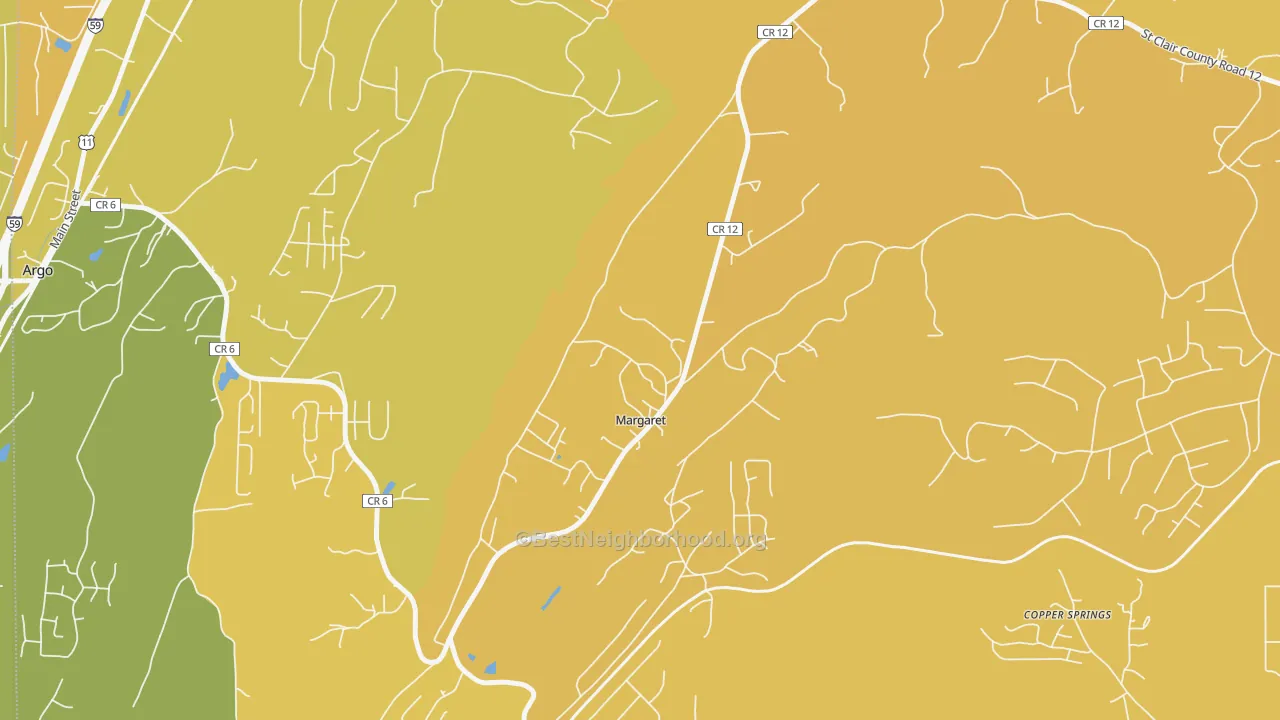 Map of the best neighborhoods in the 35112 area, with better matches in green and worse matches in red