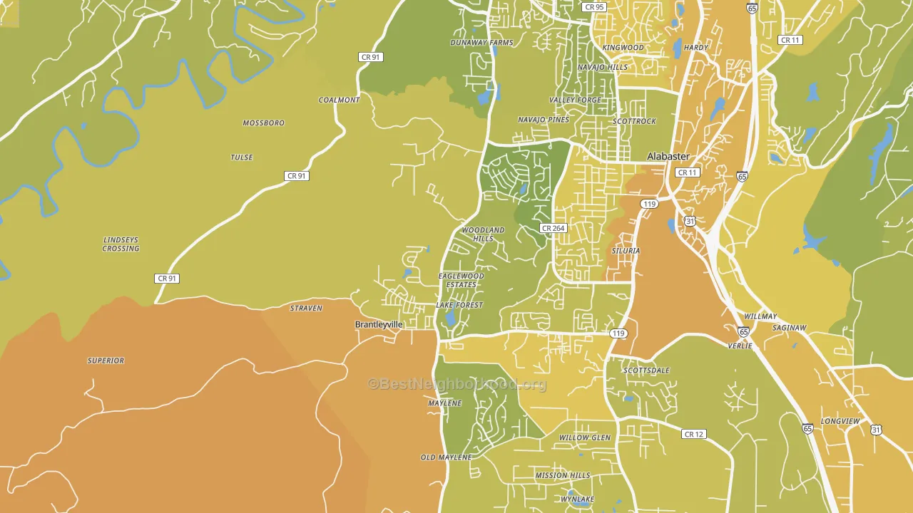 Map of the best neighborhoods in the 35114 area, with better matches in green and worse matches in red