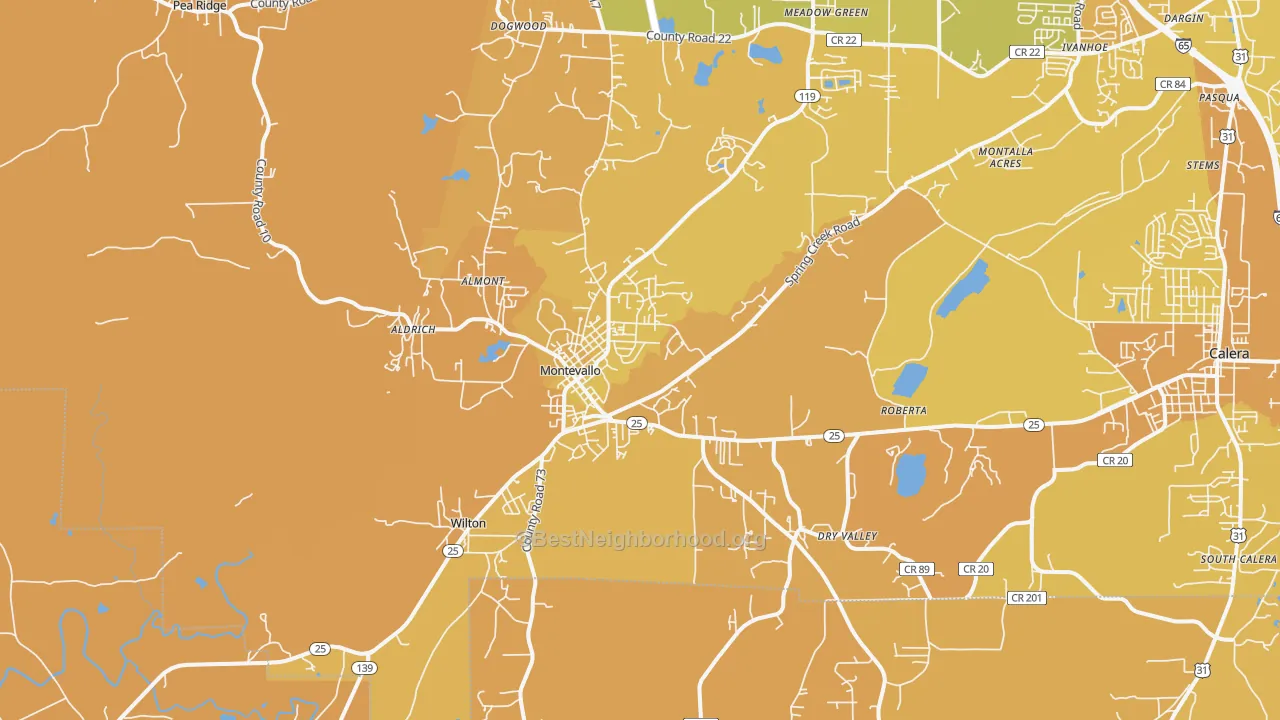 Map of the best neighborhoods in the 35115 area, with better matches in green and worse matches in red