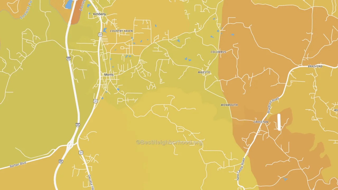 Map of the best neighborhoods in the 35116 area, with better matches in green and worse matches in red