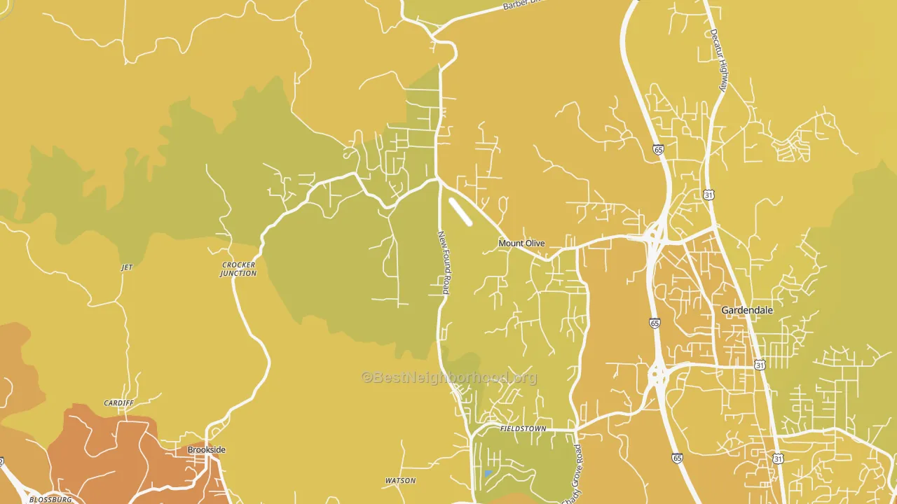 Map of the best neighborhoods in the 35117 area, with better matches in green and worse matches in red