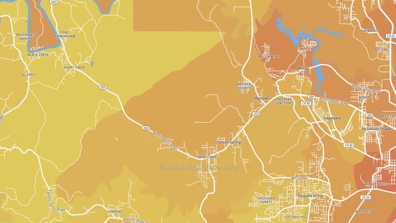 Map of the best neighborhoods in the 35118 area, with better matches in green and worse matches in red