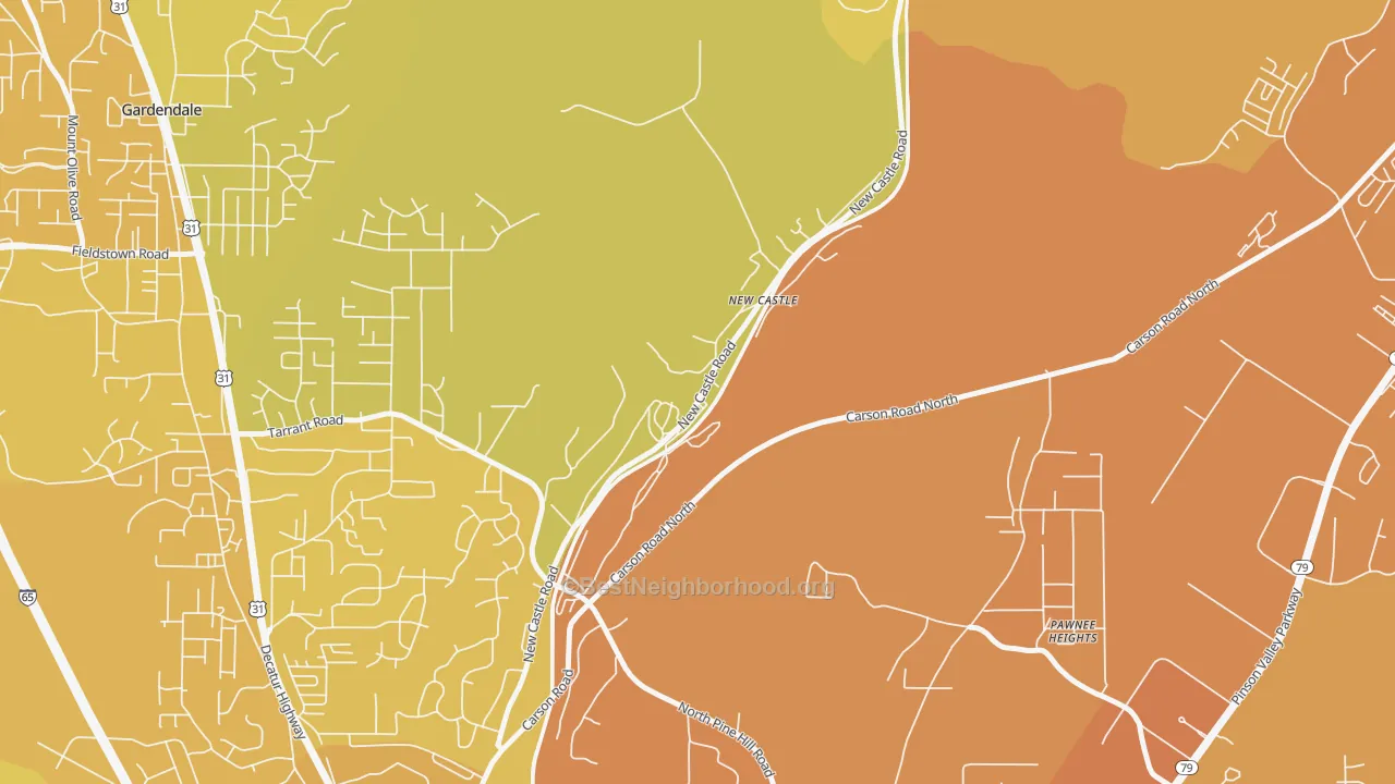 Map of the best neighborhoods in the 35119 area, with better matches in green and worse matches in red