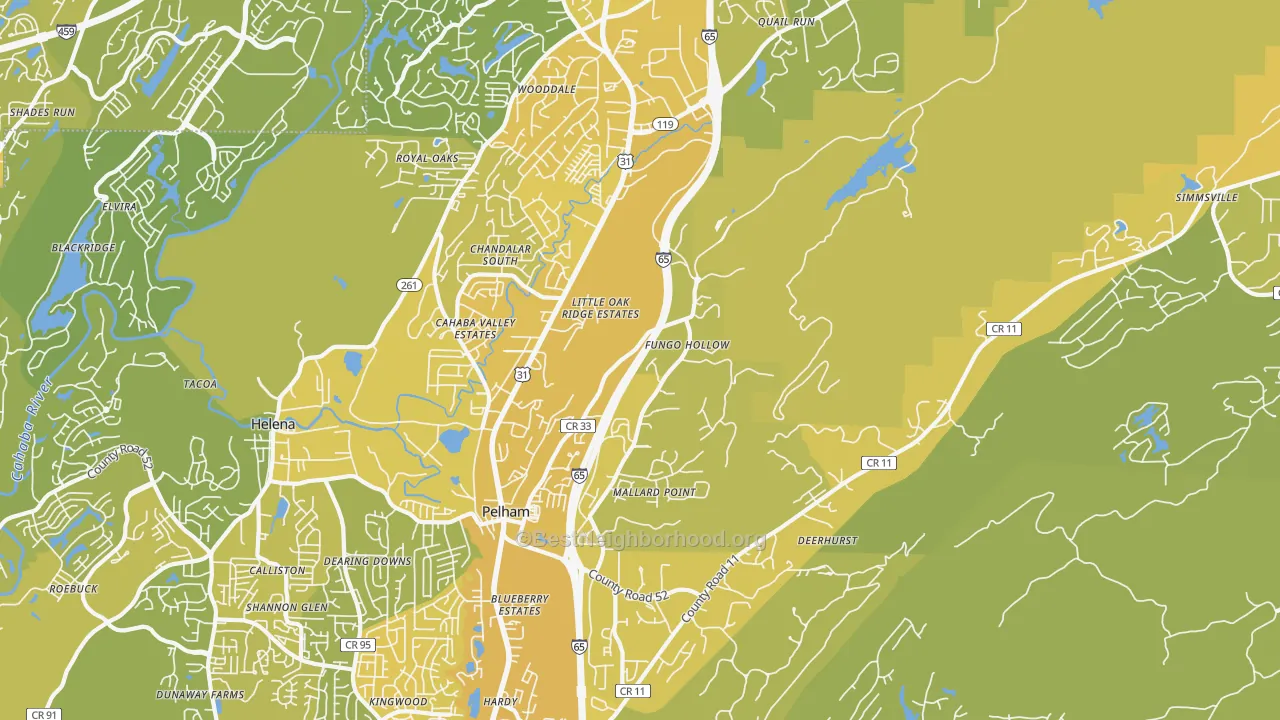 Map of the best neighborhoods in the 35124 area, with better matches in green and worse matches in red