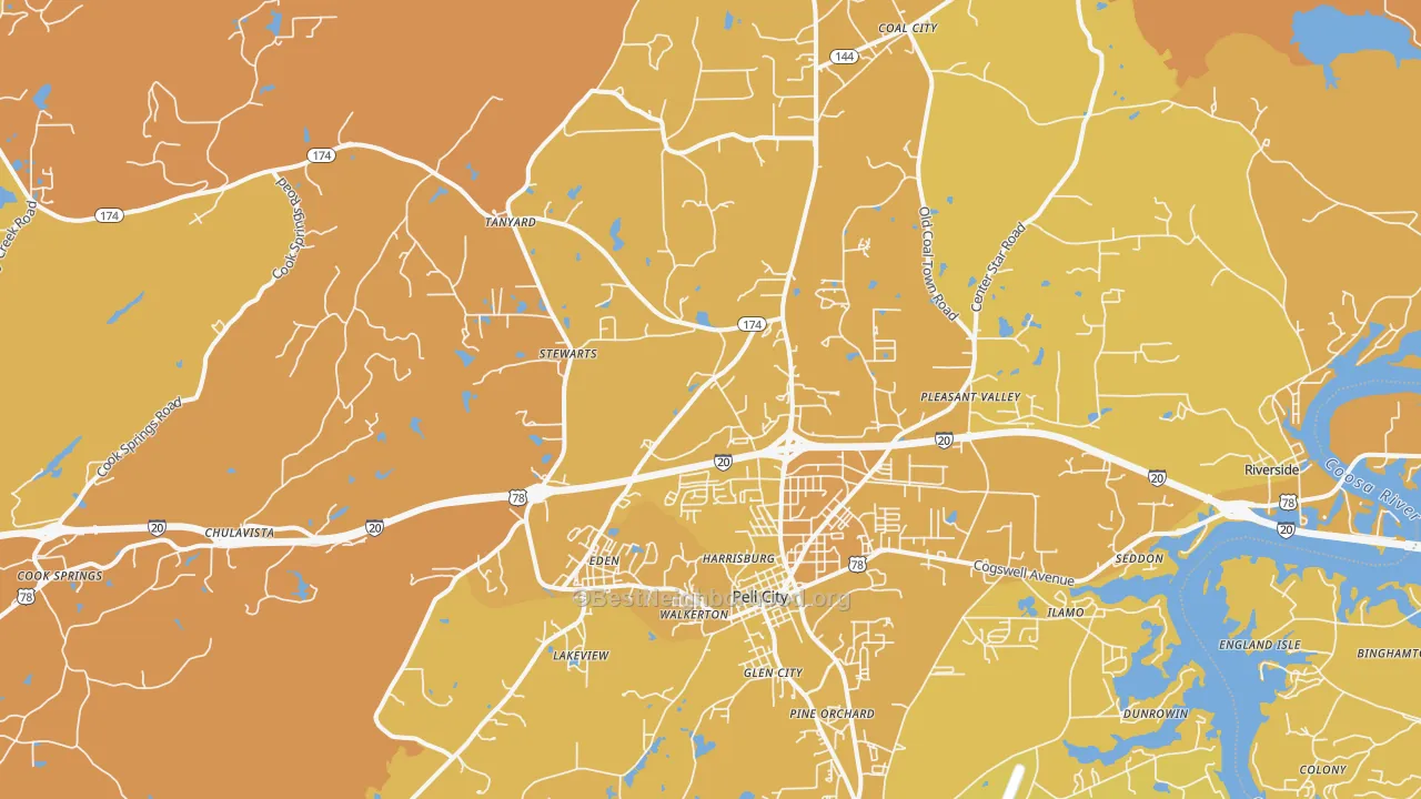 Map of the best neighborhoods in the 35125 area, with better matches in green and worse matches in red
