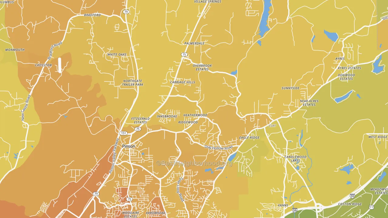 Map of the best neighborhoods in the 35126 area, with better matches in green and worse matches in red