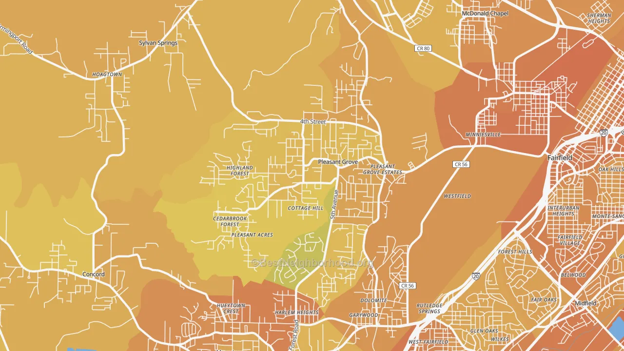 Map of the best neighborhoods in the 35127 area, with better matches in green and worse matches in red