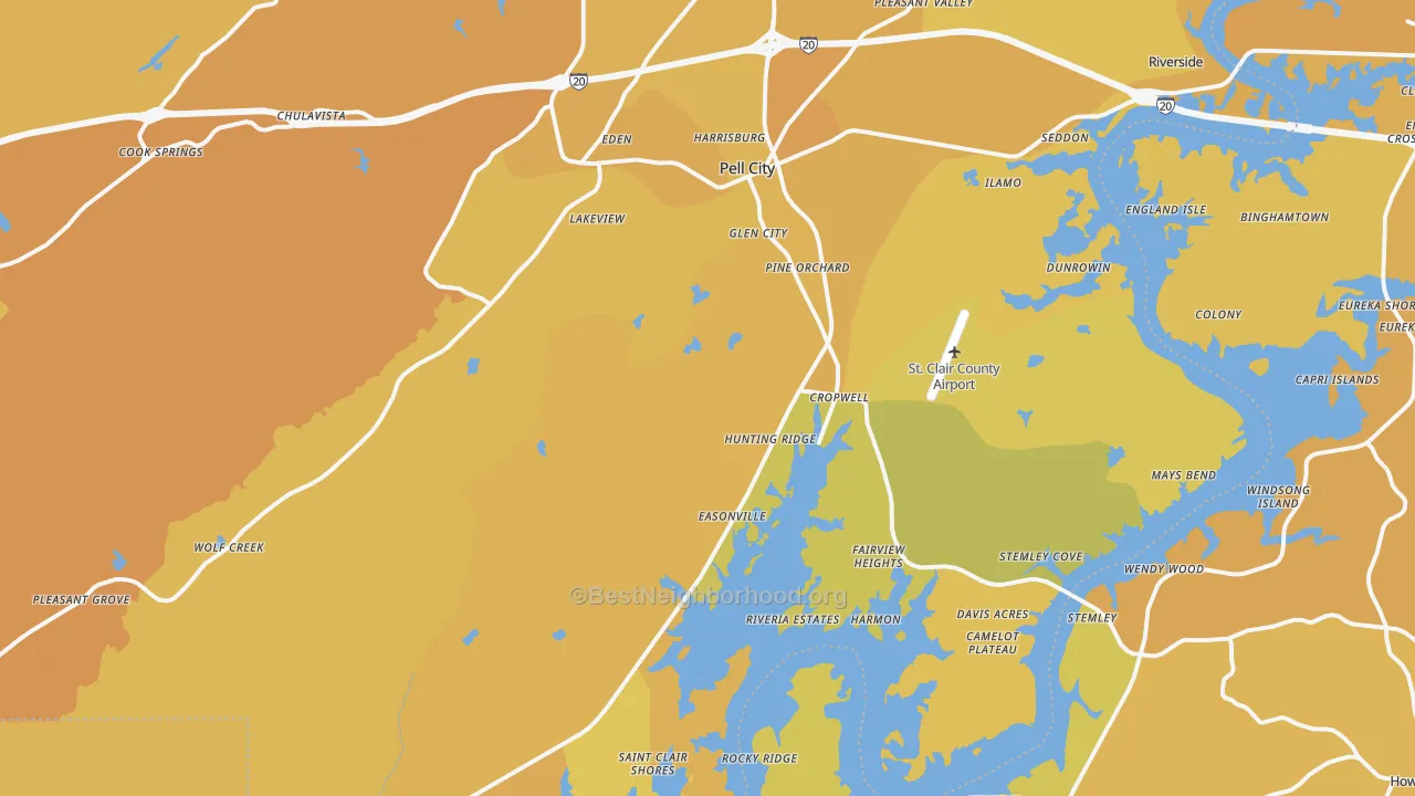 Map of the best neighborhoods in the 35128 area, with better matches in green and worse matches in red