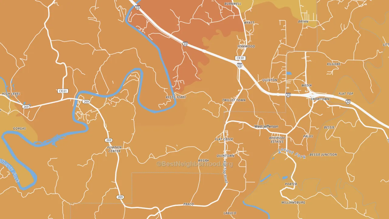 Map of the best neighborhoods in the 35130 area, with better matches in green and worse matches in red