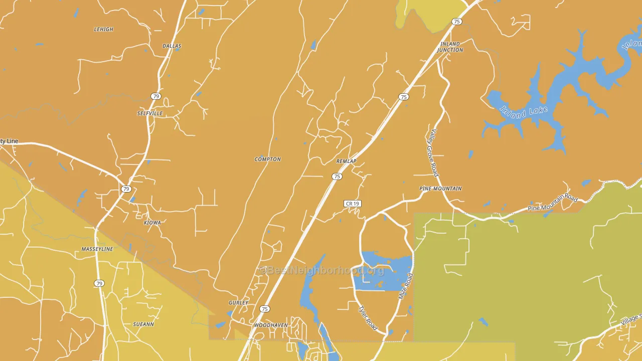 Map of the best neighborhoods in the 35133 area, with better matches in green and worse matches in red