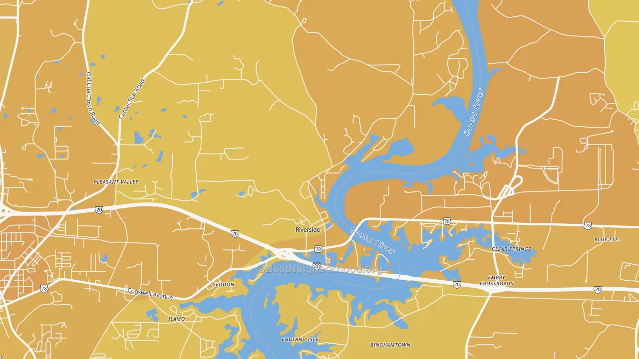 Map of the best neighborhoods in the 35135 area, with better matches in green and worse matches in red
