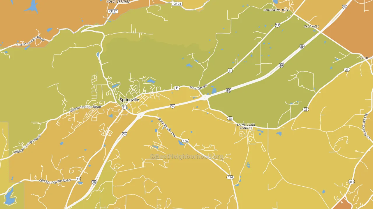 Map of the best neighborhoods in the 35146 area, with better matches in green and worse matches in red