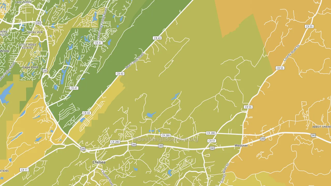 Map of the best neighborhoods in the 35147 area, with better matches in green and worse matches in red