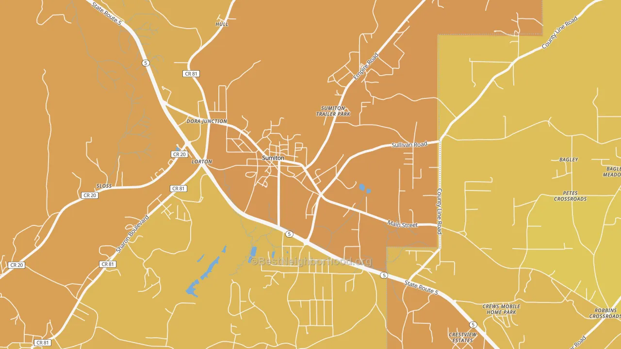 Map of the best neighborhoods in the 35148 area, with better matches in green and worse matches in red