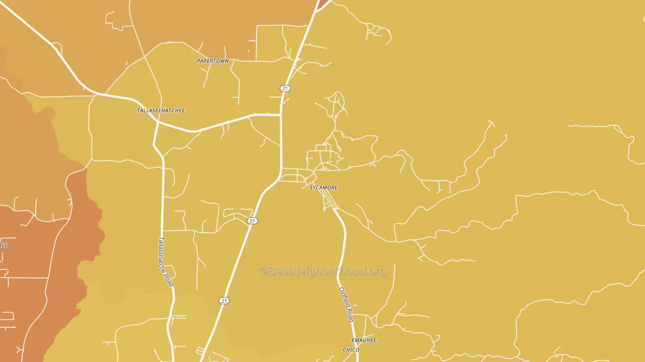 Map of the best neighborhoods in the 35149 area, with better matches in green and worse matches in red