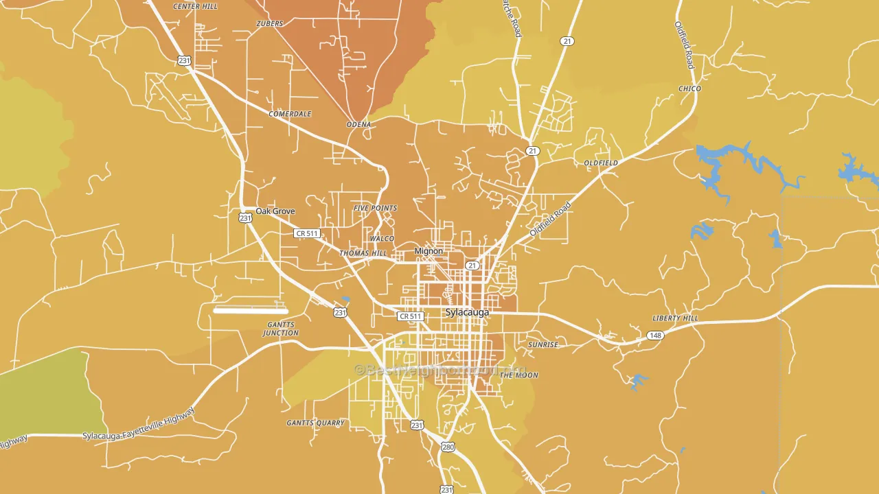 Map of the best neighborhoods in the 35150 area, with better matches in green and worse matches in red
