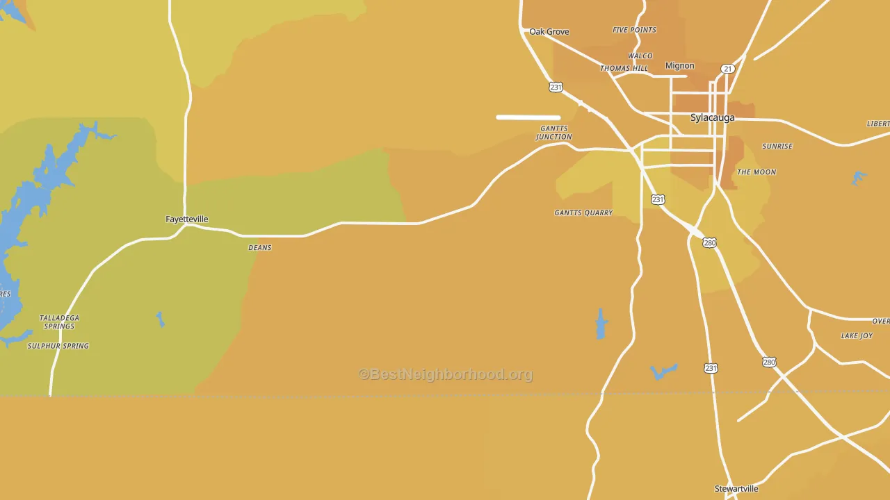 Map of the best neighborhoods in the 35151 area, with better matches in green and worse matches in red
